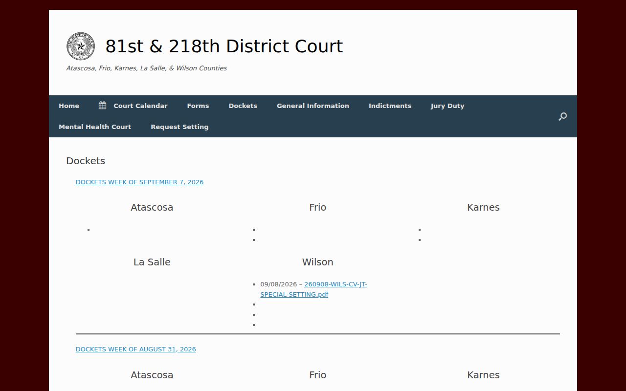 81st and 218th Judicial District Courts docket index